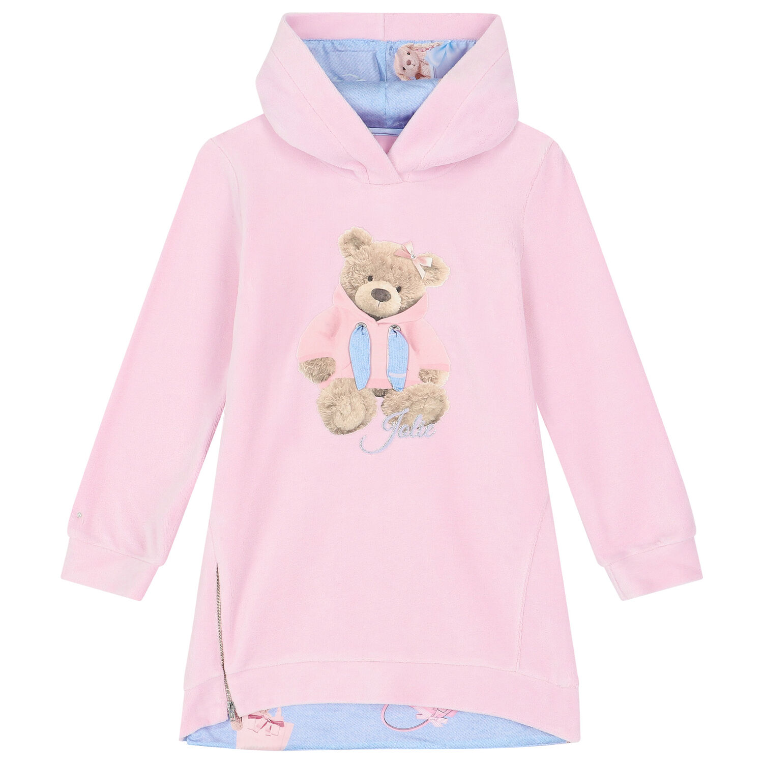 Girls Pink Teddy Hooded Dress, 1, hi-res